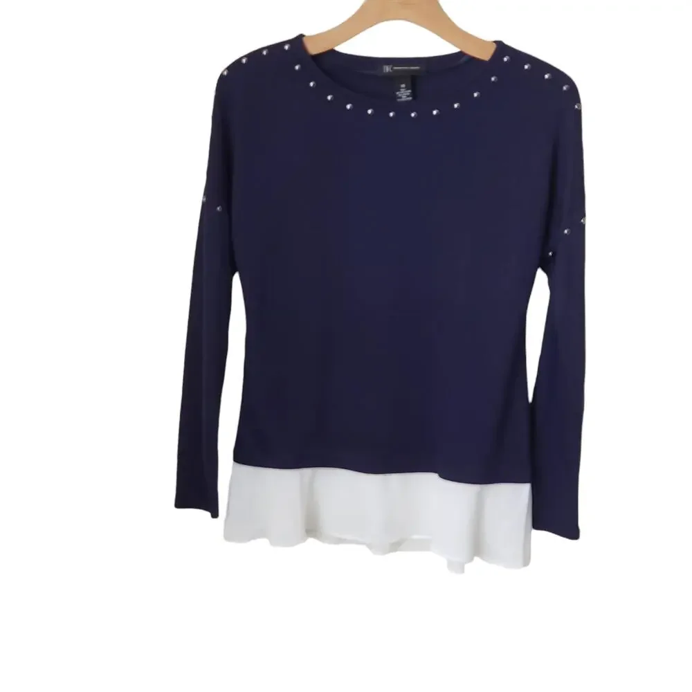 INC International Concepts Layered Look Studded   XS Blue Faux-Layer Top NWT - Picture 3 of 13